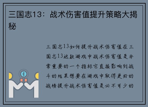 三国志13：战术伤害值提升策略大揭秘